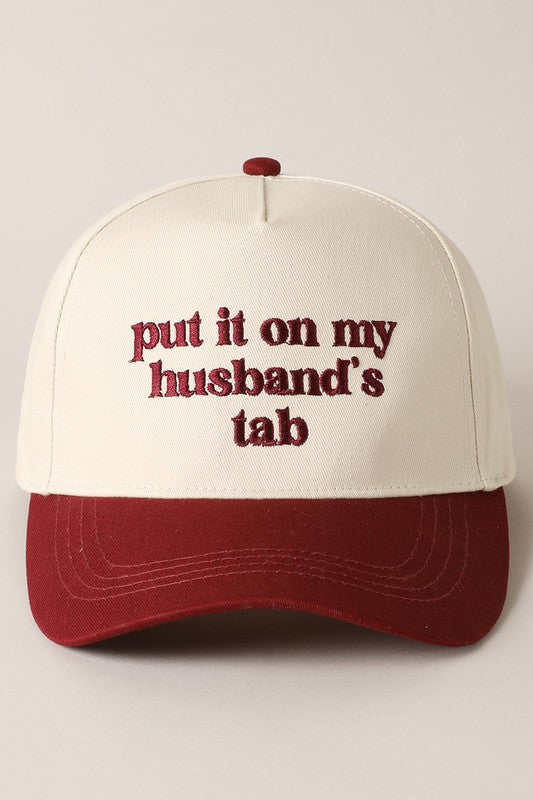 Put It On My Husband's Tab Embroidered Baseball Cap (burgundy)