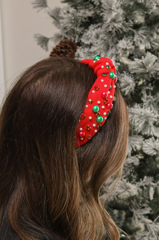 Jingle Bell Beaded And Jeweled Knot Headband (red)