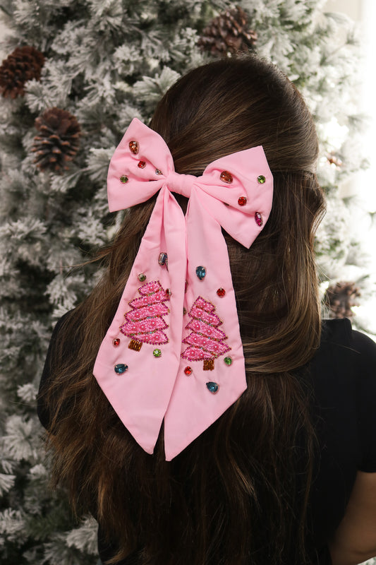 Christmas Tree Jeweled Hair Bows (pink)