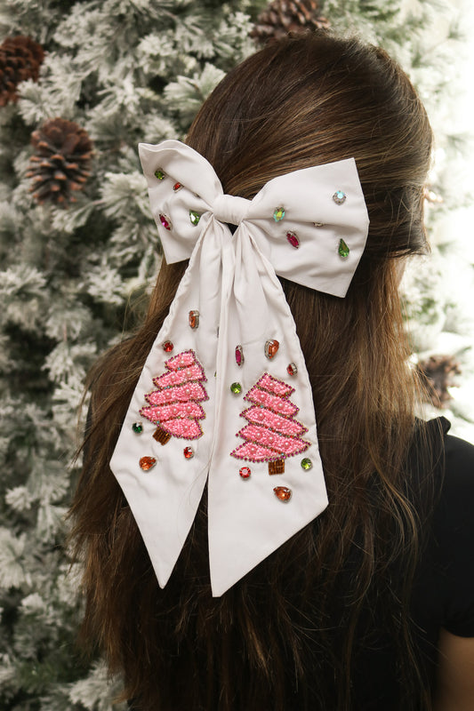 Christmas Tree Jeweled Hair Bow (white)