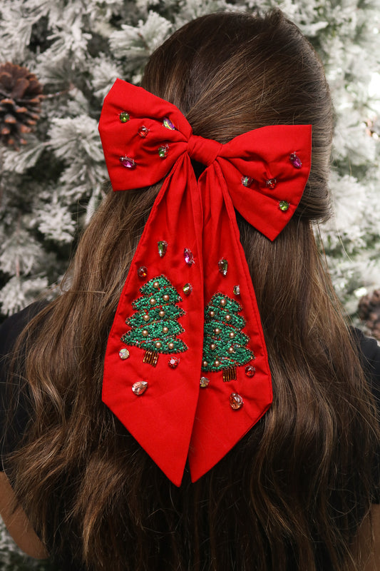 Christmas Tree Jeweled Hair Bow (red)