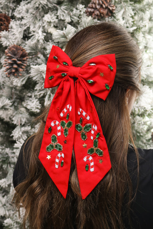 Candy Cane Jeweled Hair Bow (red)