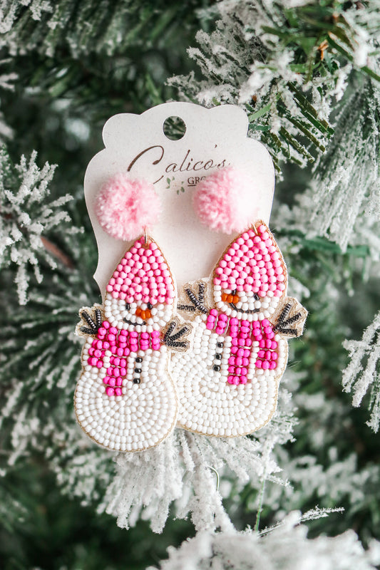 Pink Pom Pom Snowman Beaded Earrings